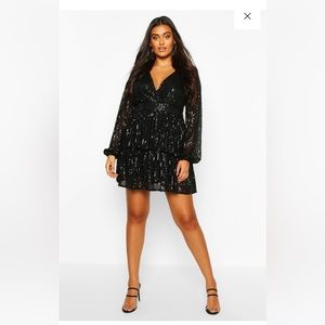 PLUS SEQUIN PLUNGE TIERED SKATER DRESS